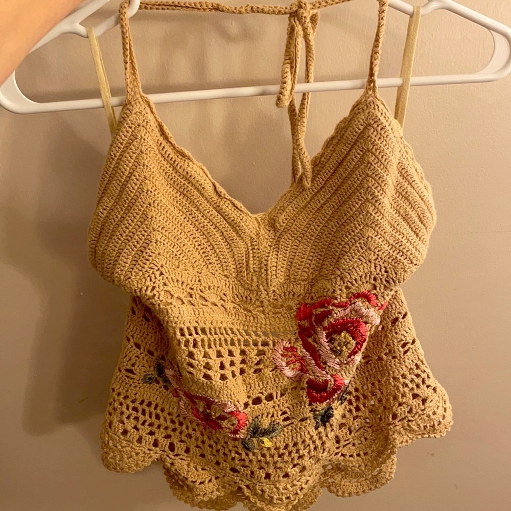 Crocheted knit boho halter top rose embroidery